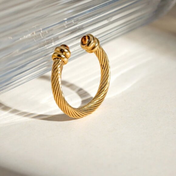 18k Gold Plated Stainless Steel C-shaped Twisty Open Ring Inlay Natural Stone - Picture 1 of 2